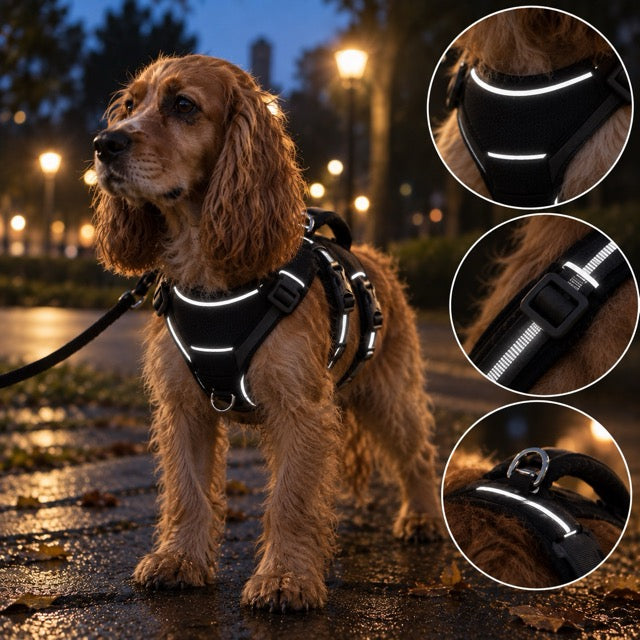 Harnais Chien Anti-Traction Rembourré Réfléchissant — Double Attache Avant Arrière, Poignée Renforcée | Canicross Jogging Randonnée Petits Moyens Chiens