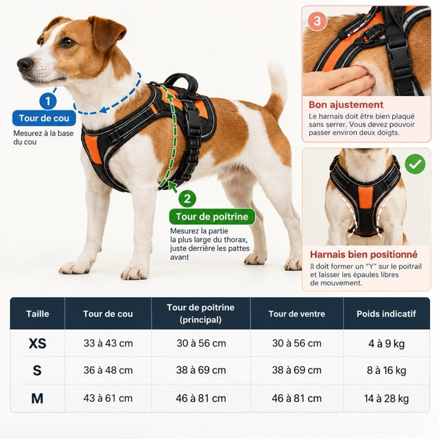 Harnais Chien Anti-Traction Rembourré Réfléchissant — Double Attache Avant Arrière, Poignée Renforcée | Canicross Jogging Randonnée Petits Moyens Chiens