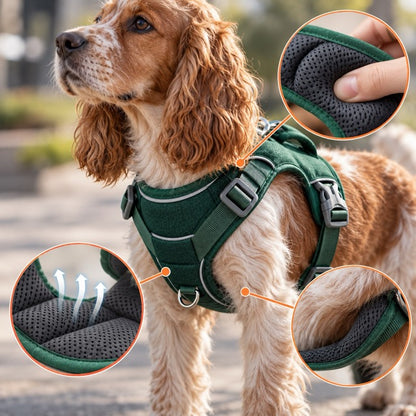 Harnais Chien Anti-Traction Rembourré Réfléchissant — Double Attache Avant Arrière, Poignée Renforcée | Canicross Jogging Randonnée Petits Moyens Chiens