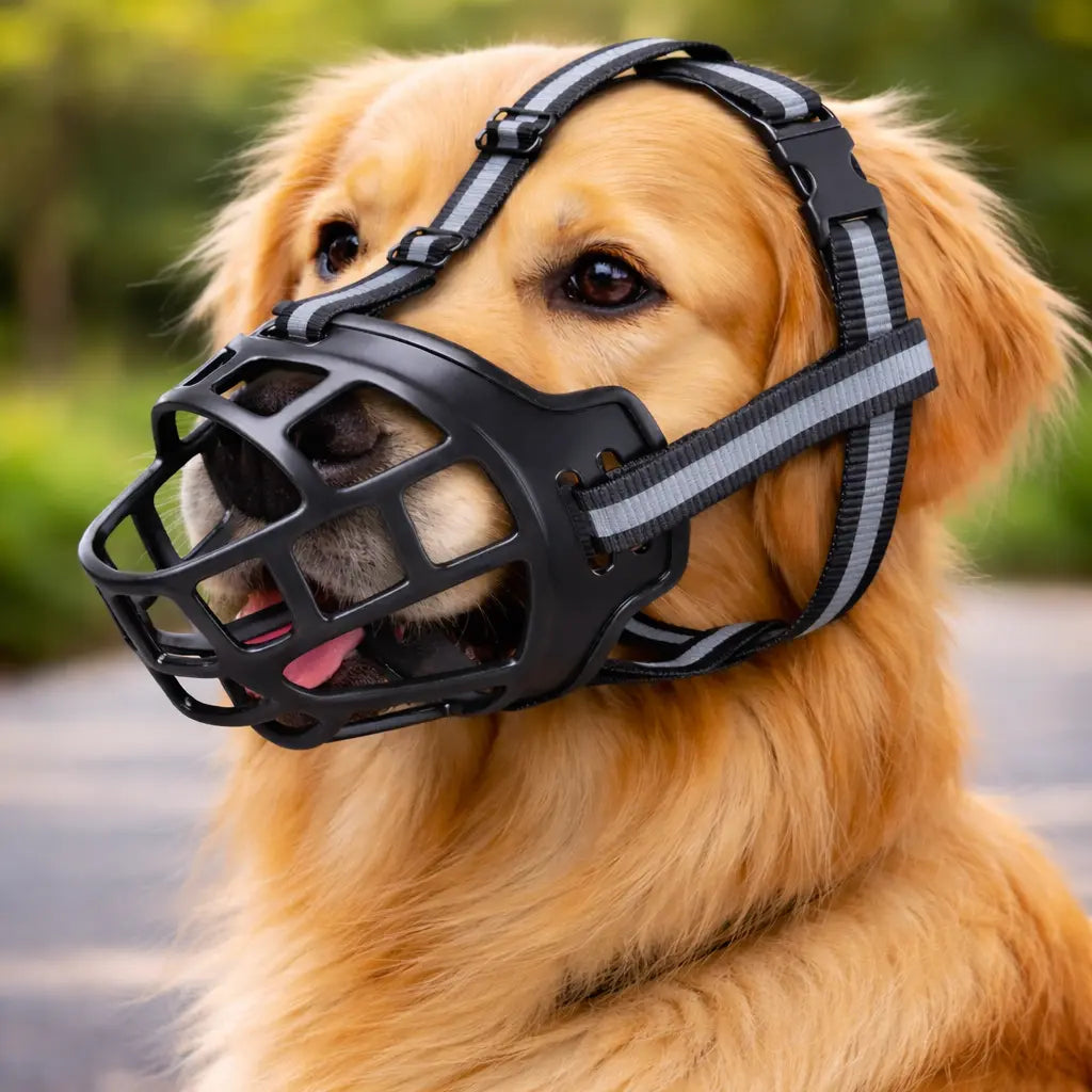 Muselière Panier pour Chien Réglable – Anti-Morsure, Plastique Respirant, Bande Réfléchissante